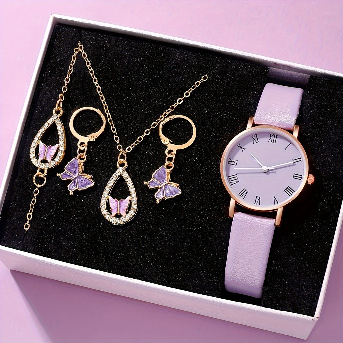 Ayollar uchun zargarlik to'plami, 5 ta qism, kvarts soat bilan, charm strap, an'anaviy moda aksessuarlari