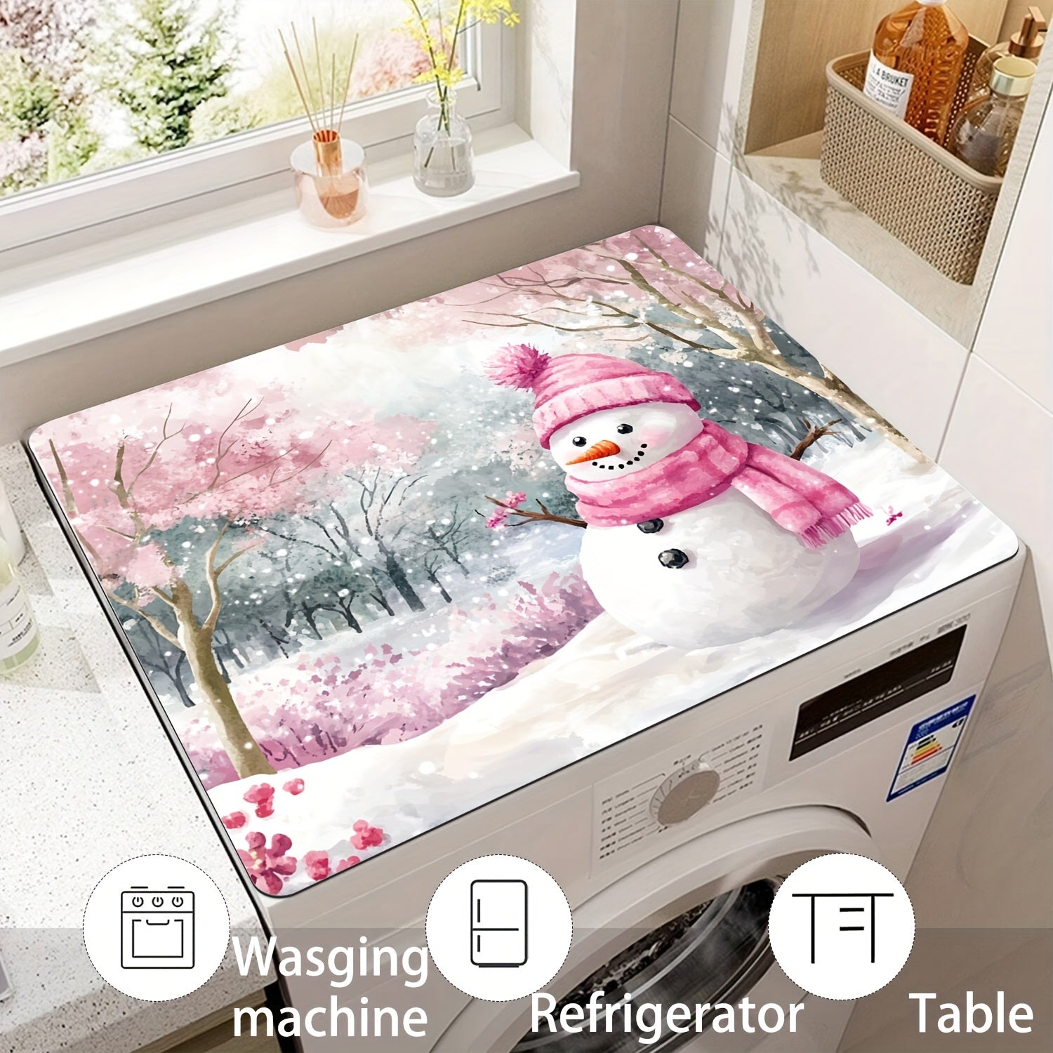 Pink Snowman Washing Machine Dust Cover with Cherry Blossom Winter Scene