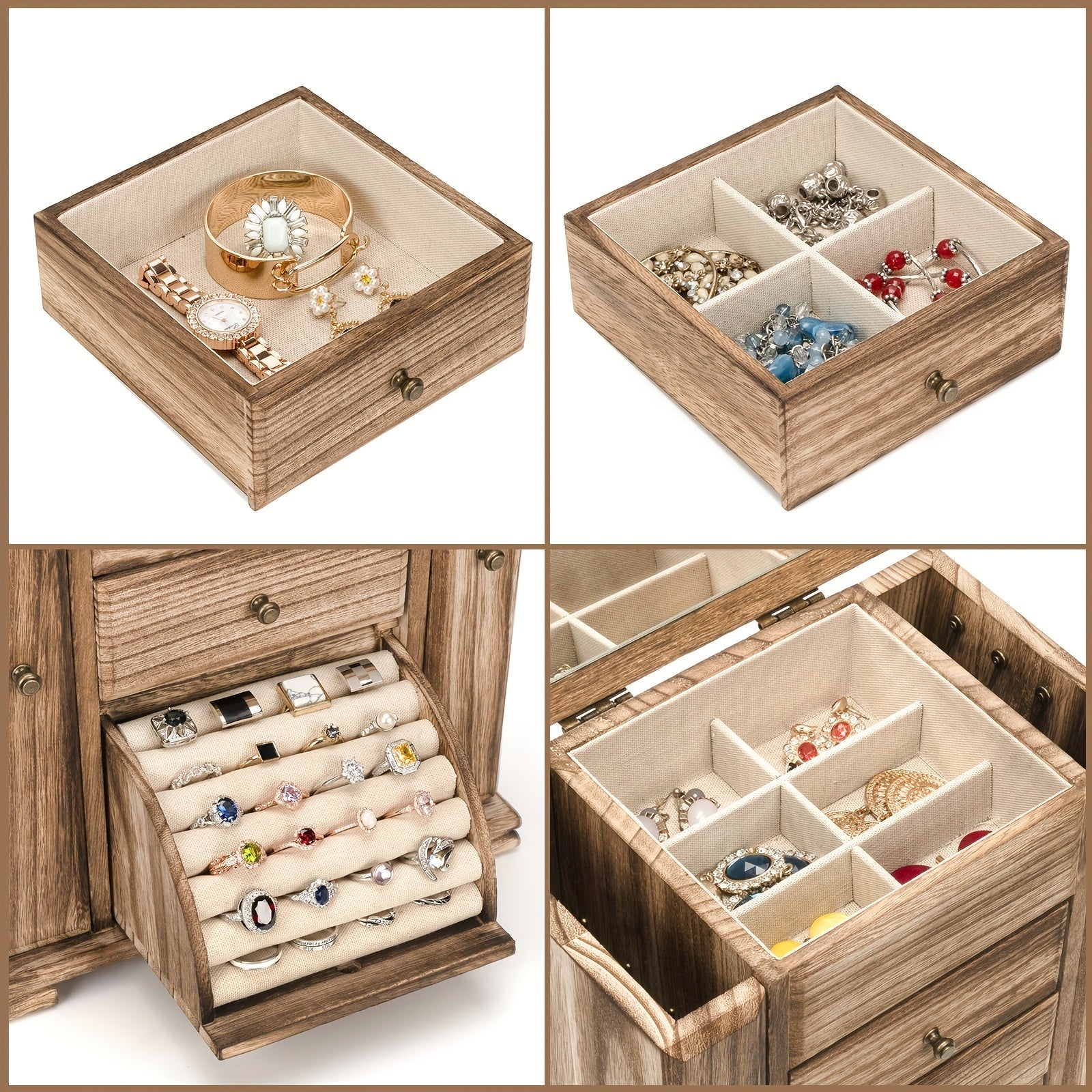 Organizador de joyas de madera rústica con espejo y 4 capas para anillos, pendientes y collares