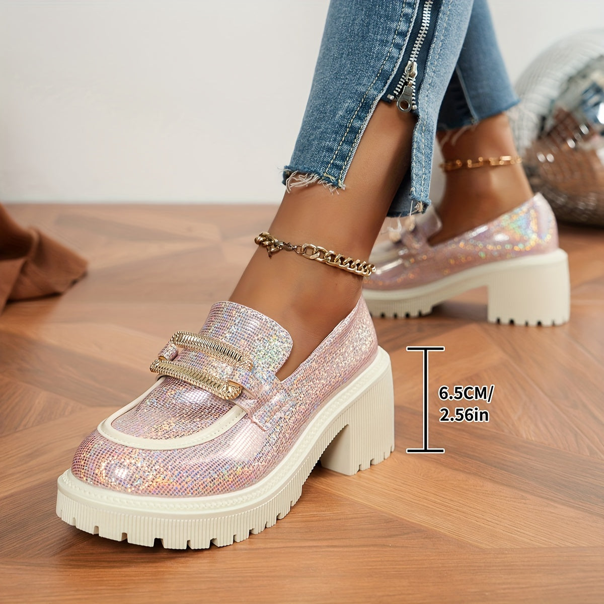 Women's Glitter Loafers Pink Sequin Slip-On Shoes with Chunky Heel