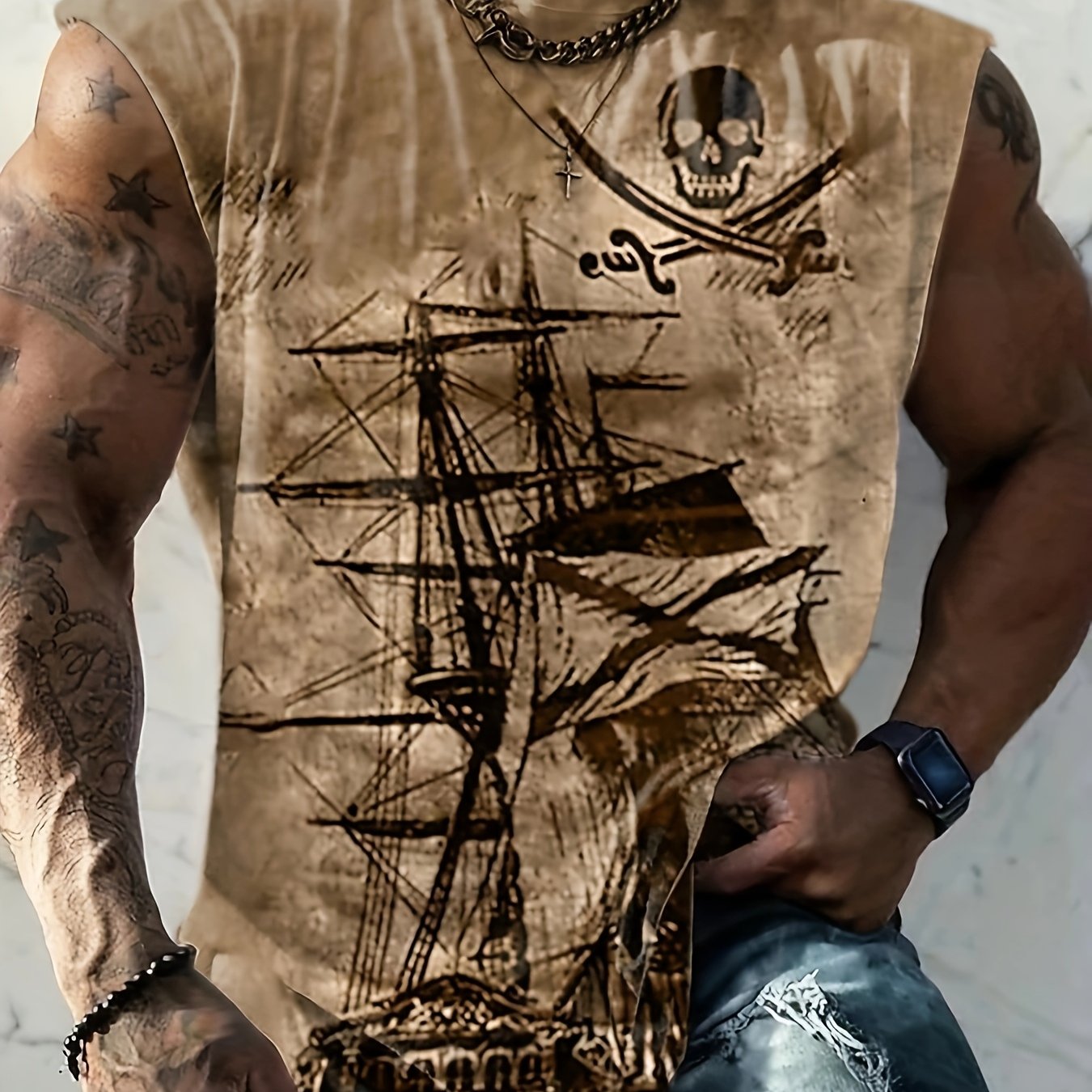 Мужская майка с графикой пиратского корабля большого размера, дышащий полиэстер, лето, уличный стиль