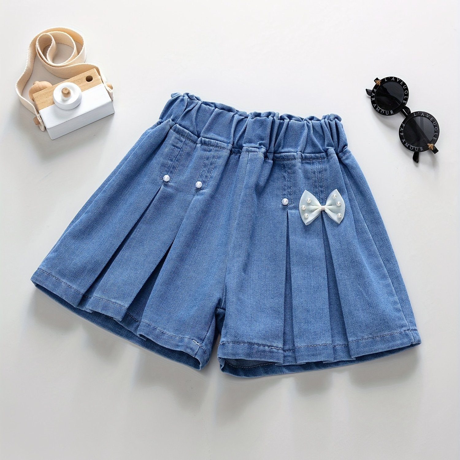 Girls' Denim Pleated Skirt and Ruffled Shorts for Summer with Elastic Waist
