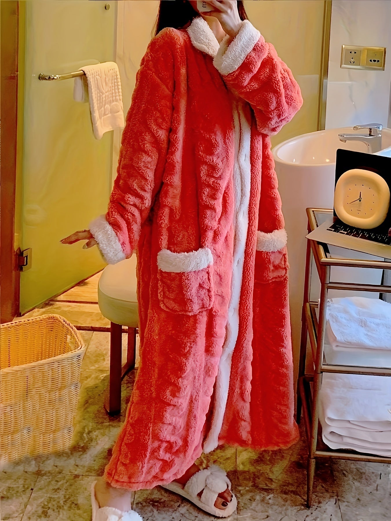 Bata de dormir con cuello en V forrada de felpa para mujer con bolsillos y patrón floral