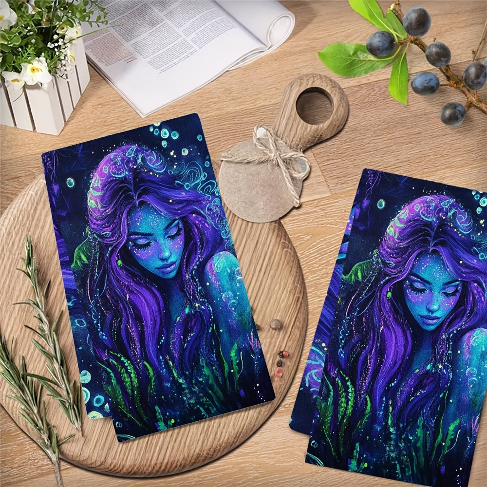 Set of 2 Soft Kitchen Towels Coastal Siren Neon Blacklight 40x60 cm