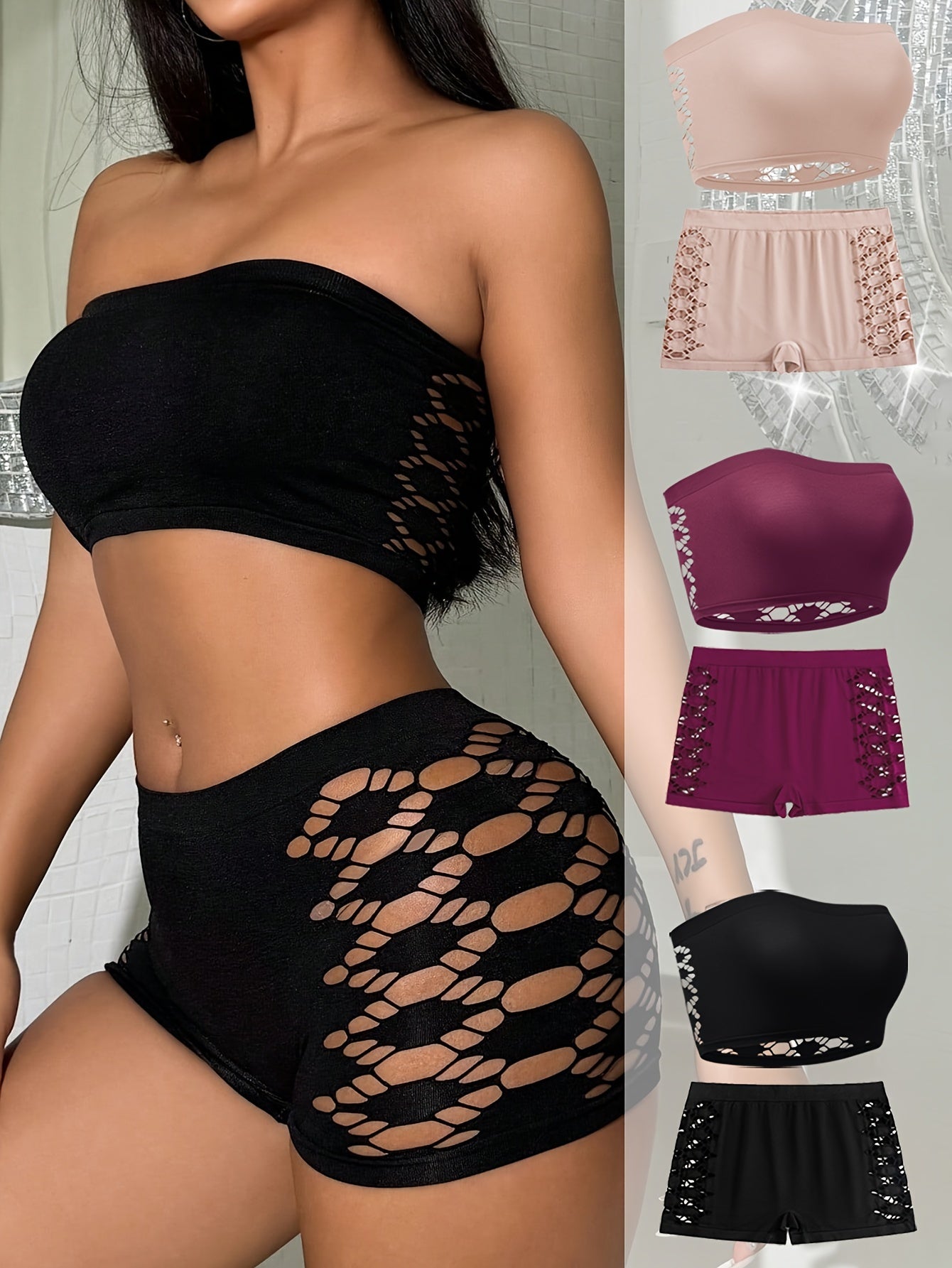 Women’s Hollowed-Out Lace Bra and Panty Set in Black