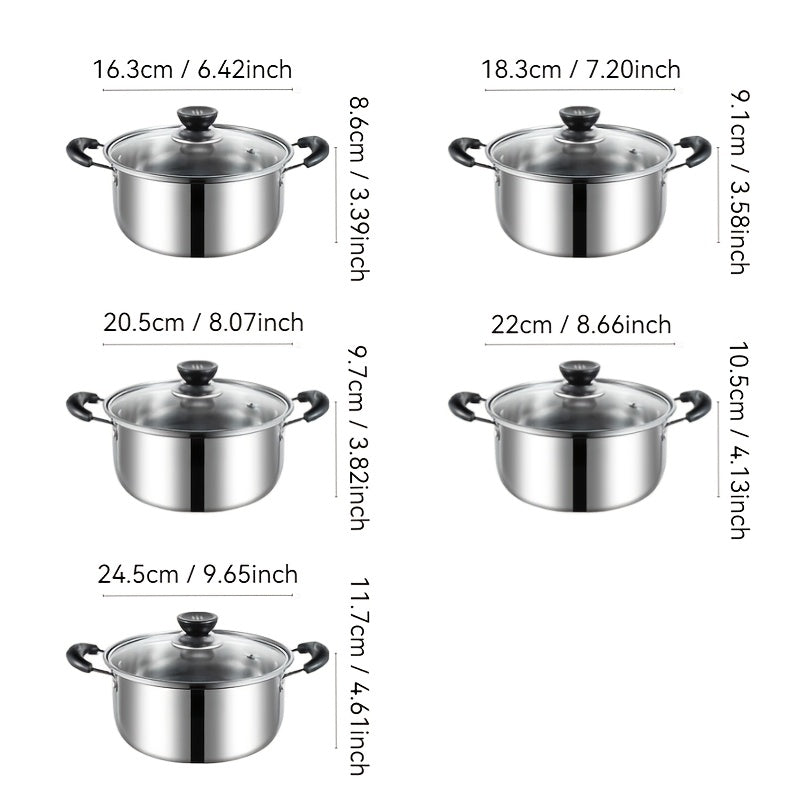 10-Donali zanglamaydigan po'latdan tayyorlangan idishlar to'plami, anti-qarash tutadigan tutqichlar va shaffof qopqog'lar bilan