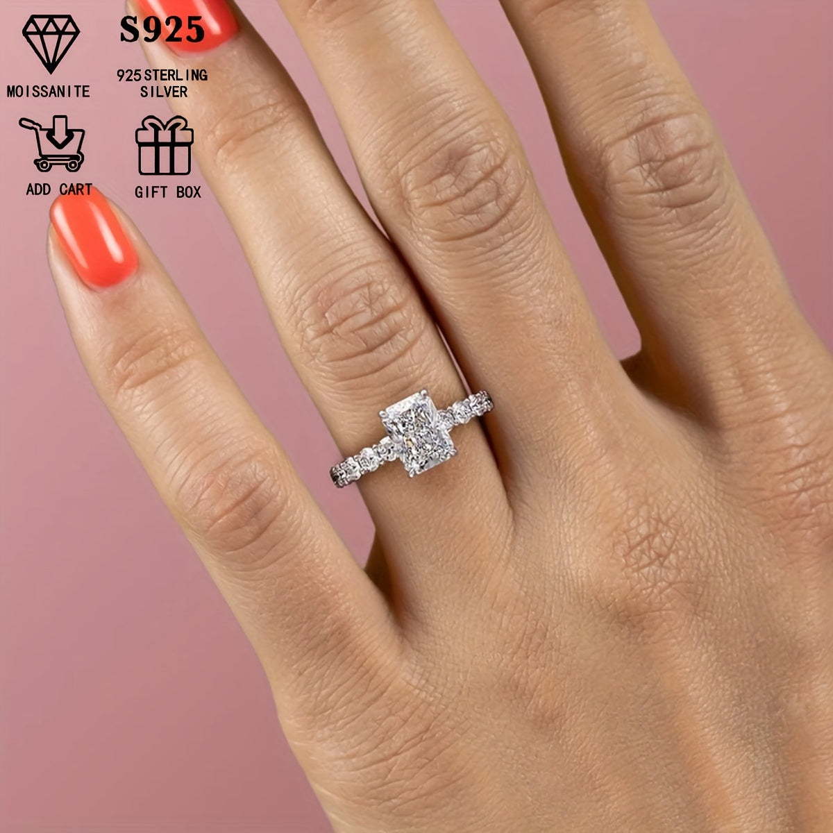 Women’s 2ct Moissanite Engagement Ring Silver April Birthstone Wedding Anniversary Gift