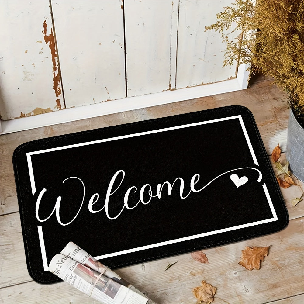 Приглашающая коврик для входа - одинарный в элегантном черном цвете с белым текстом, устойчив к пятнам, противоскользящий, легкий в переноске, моется в машине, плетен из мягкого полиэстера, машинной работы прямоугольной формы с толстым слоем поролона
