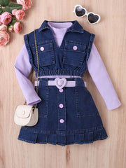 Girls' Casual Outfit Set with High Neck Long Sleeve Top Denim Vest and Pleated Knee-Length Skirt