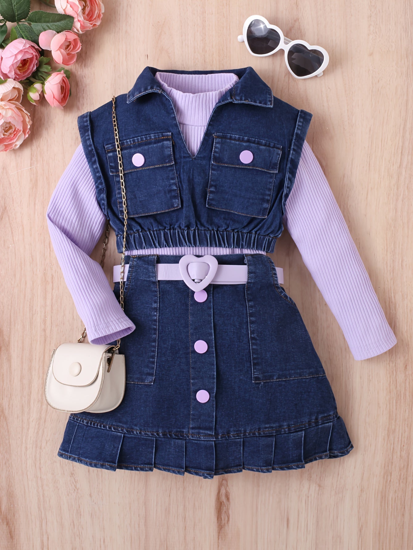 Girls' Casual Outfit Set with High Neck Long Sleeve Top Denim Vest and Pleated Knee-Length Skirt