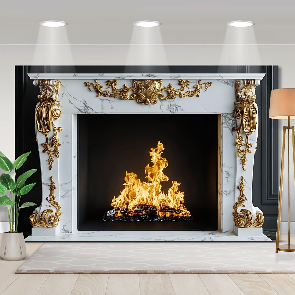 White Marble Fireplace with Gold Baroque Details for Photoshoots and Decor