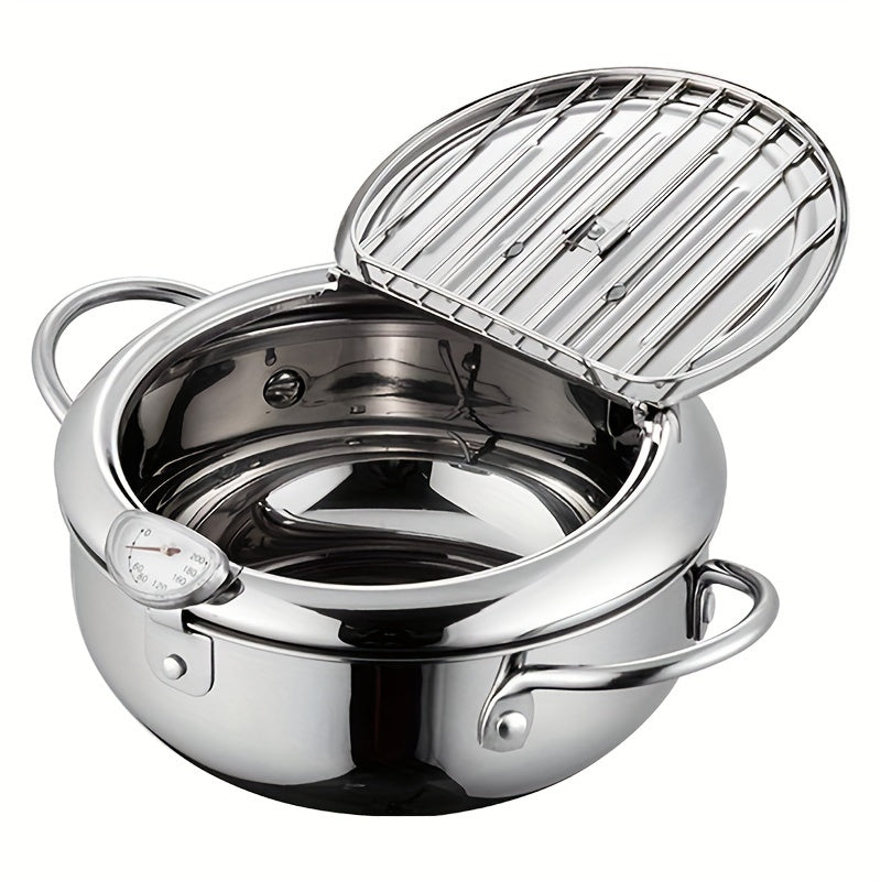 Stainless Steel Deep Fryer with Temperature Control Thermometer Lid 74 oz Induction Compatible
