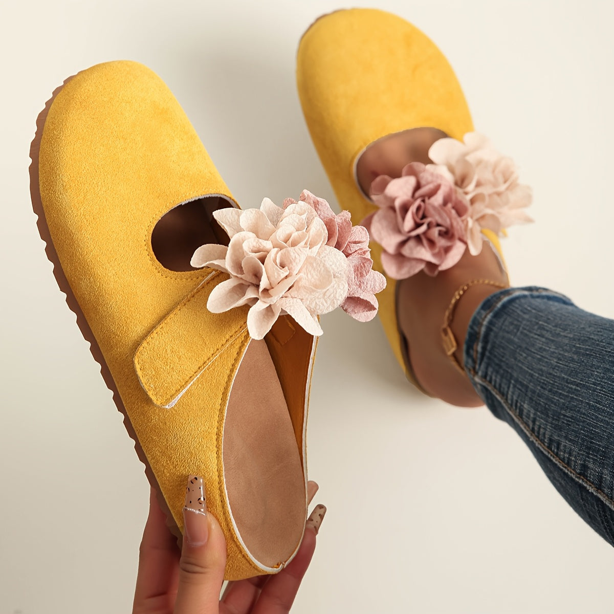 Women's Vintage Yellow Fabric Mule Shoes with Pink Floral Accents