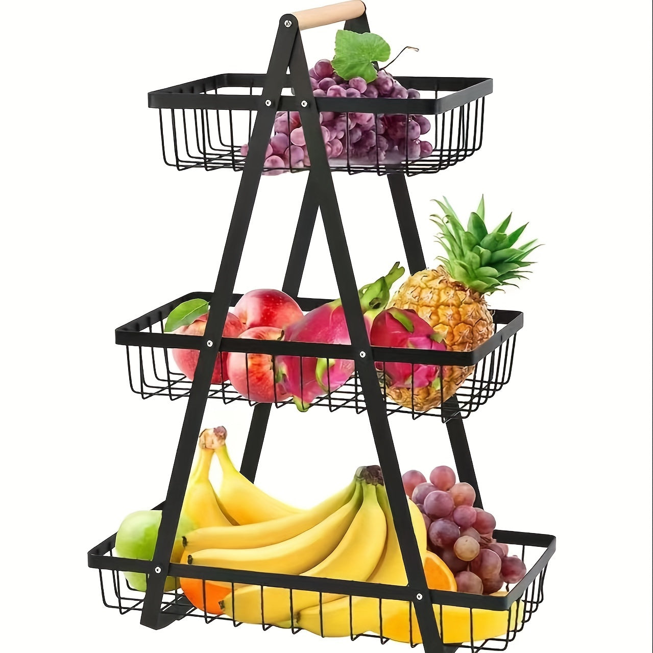 Metal Fruit and Vegetable Basket with Detachable Bowl and Wooden Handle for Kitchen Storage