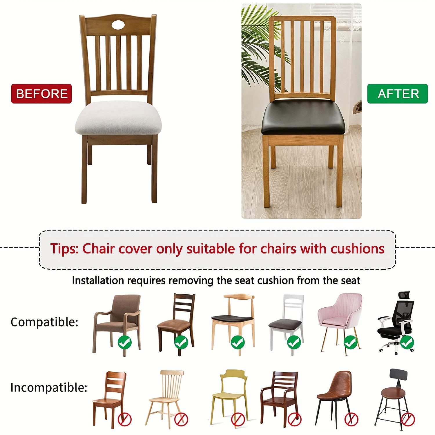 Ovqatlanish xonasi, oshxona, mehmonxona va uy bezaklari uchun suv o'tkazmaydigan PU charm stul qoplamalari.