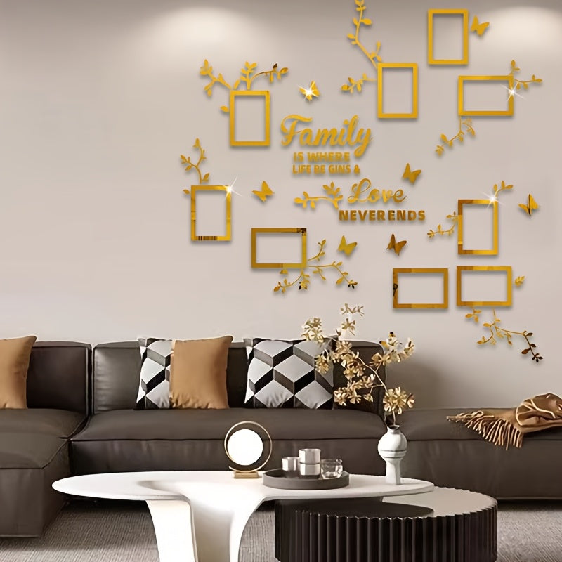 Acrylic Wall Decor Stickers Set with Flower Branches Butterflies and Photo Frames for DIY Home Office Wall Decoration