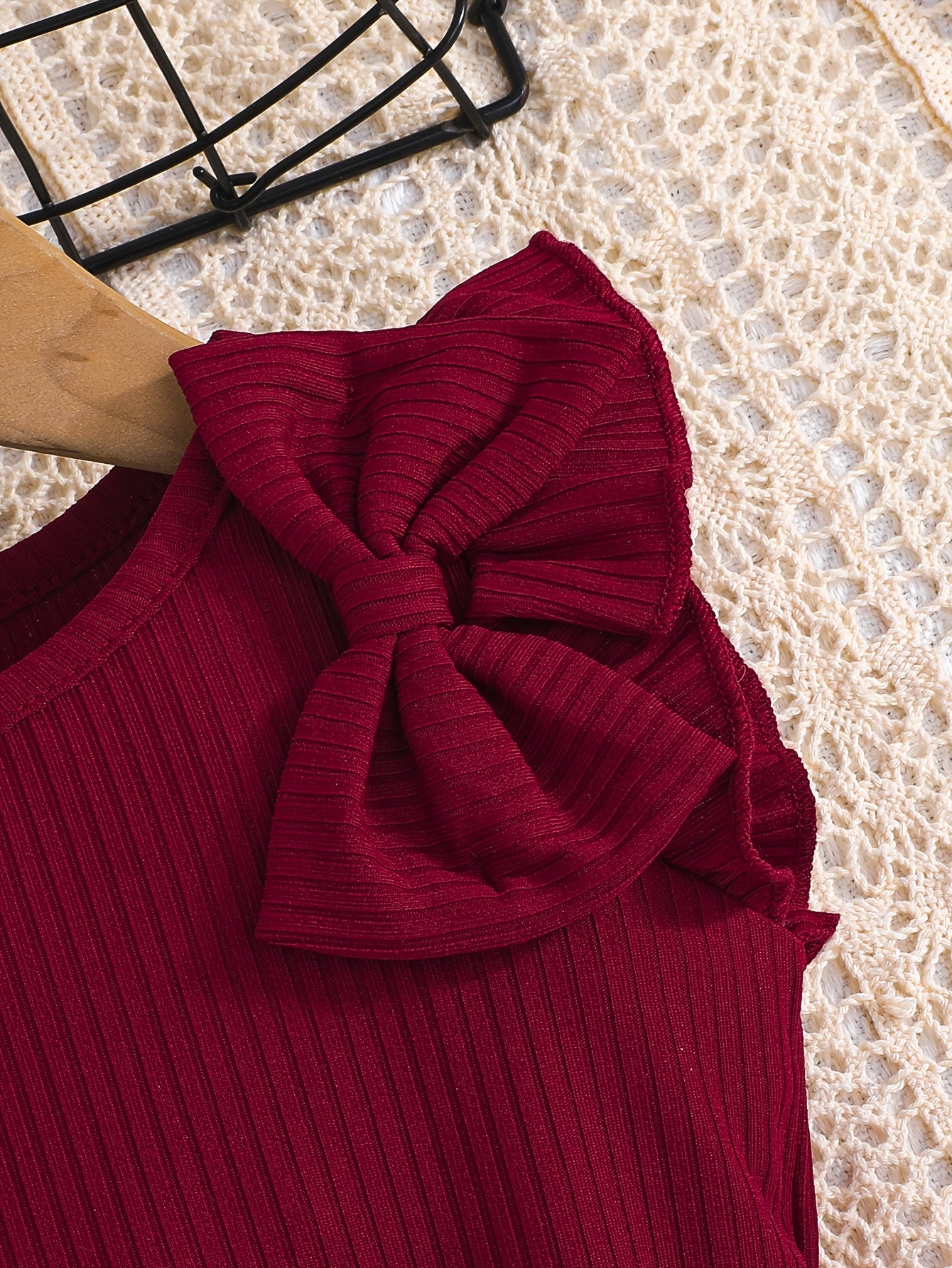 Girls Summer Outfit Maroon Ribbed T-Shirt with Bow Floral Print Shorts Set Easy-Care Polyester