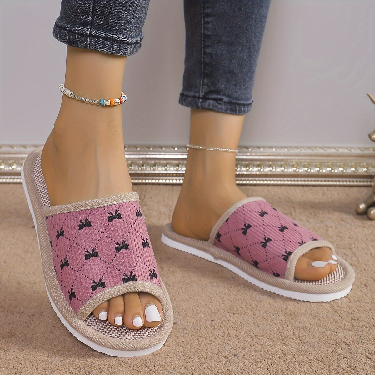 Women's Breathable Fabric Slip-On Slippers with Bowknot and EVA Sole for Indoor Comfort