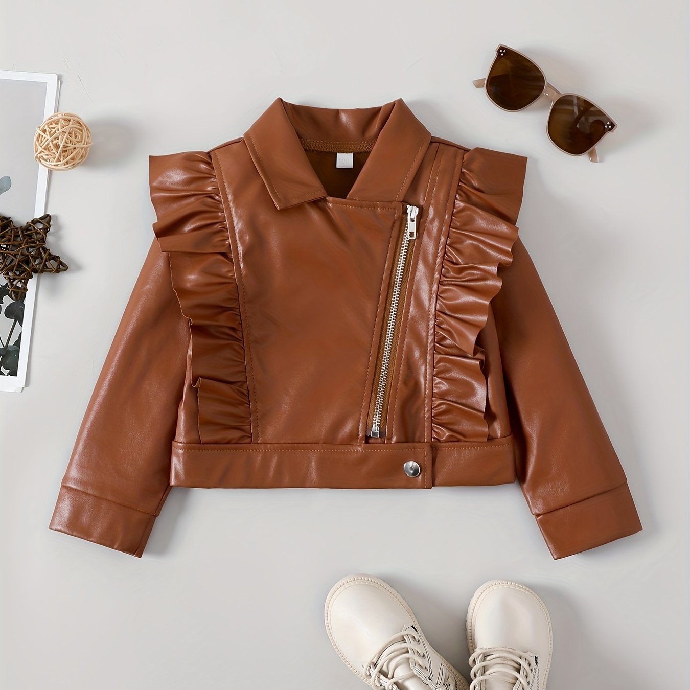 Girls' Brown Boho Chic Jacket with Ruffled Collar Long Sleeves Zipper and Button Closure for Kids