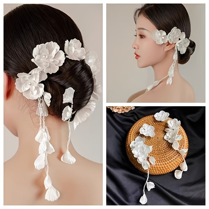 Bridal Headpiece Set Fabric Floral Hairband Earrings Vintage White Flower for Weddings and Events