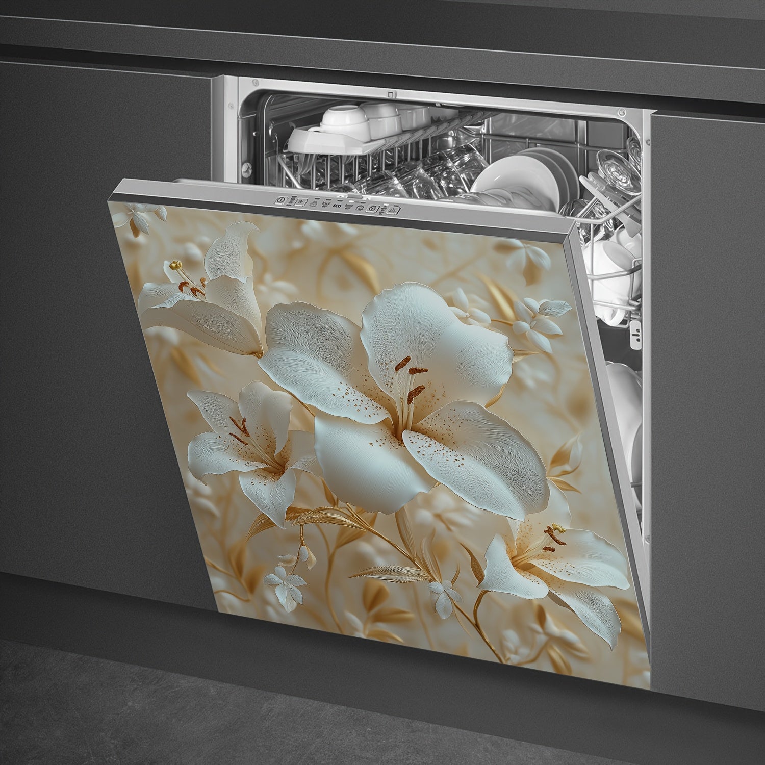 Beige Floral Vinyl Magnetic Dishwasher Cover Reusable Durable for Refrigerator Washing Machine Cabinet