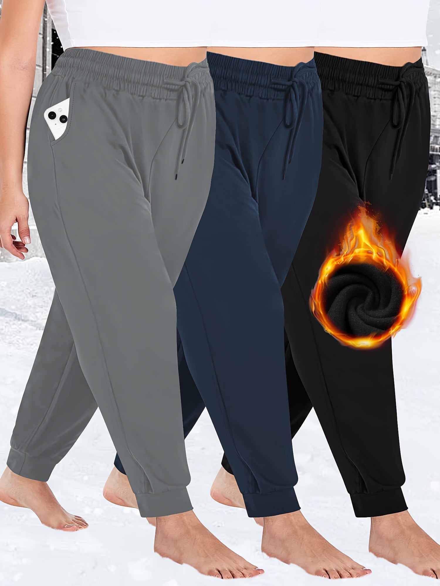 Plus Size Jogger Pants 3 Pack High Stretch Drawstring Waist Solid Cold Weather