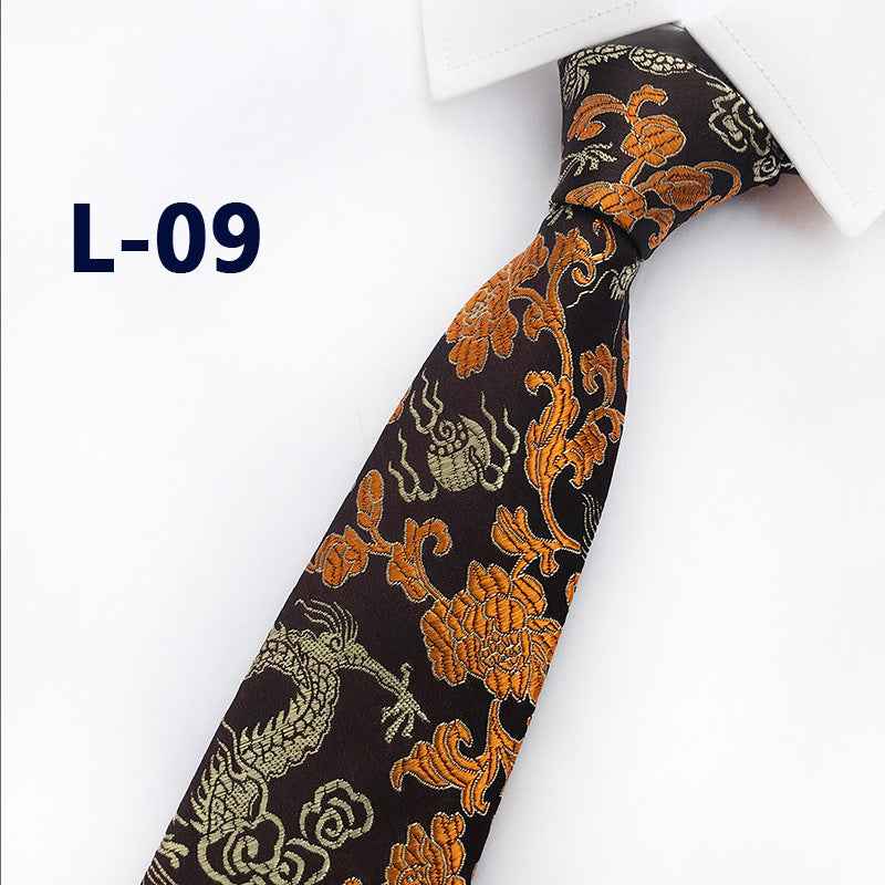 Men's Silk Tie with Hand-Embroidered Chinese Dragon and Peony Design
