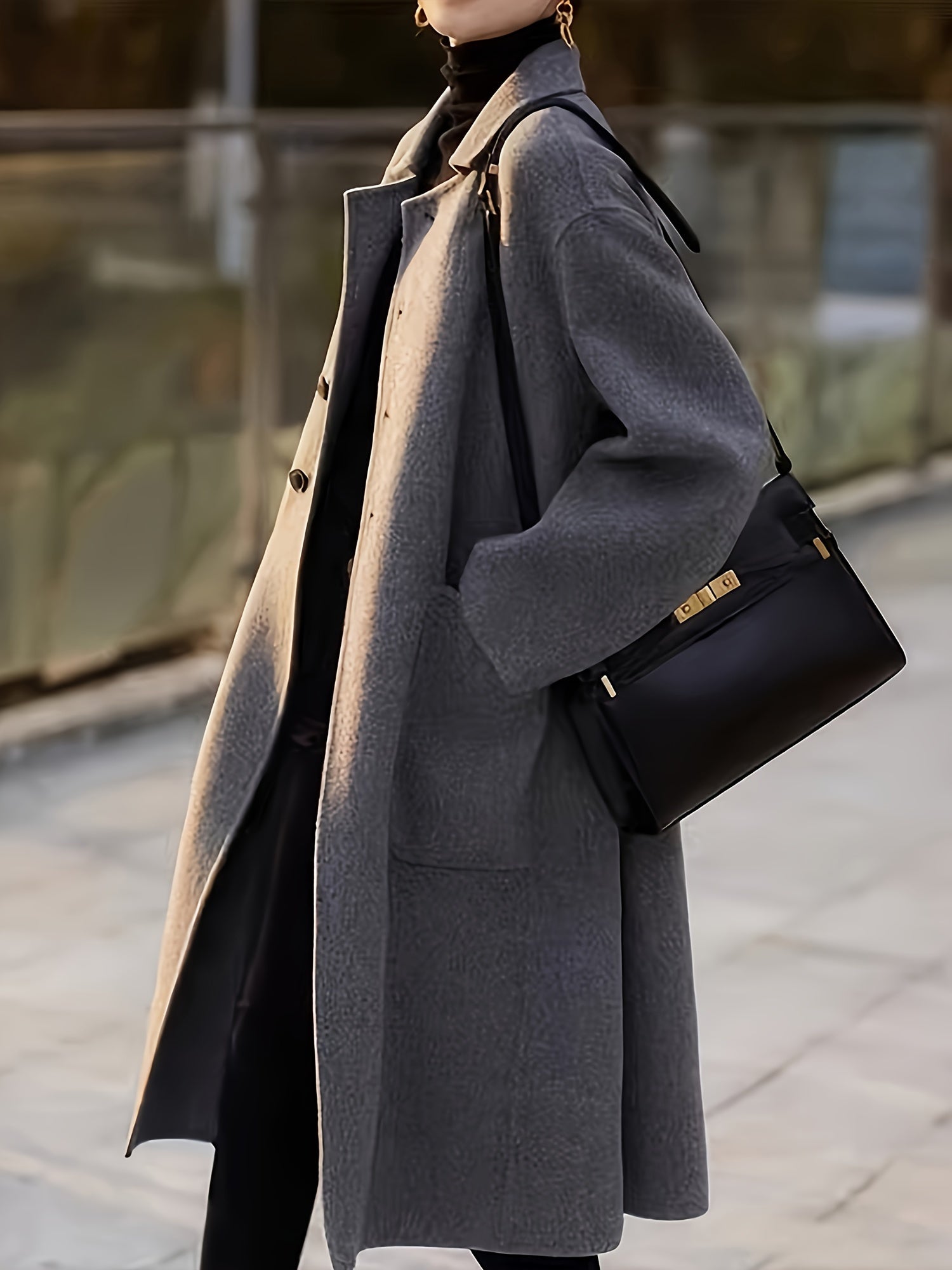 Women's Long Sleeve Solid Color Coat with Pockets Fall Winter Elegant H-Shape Polyester