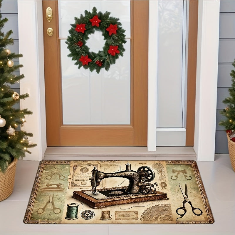 Vintage Sewing Machine and Scissors Door Mat Non-Slip Washable Rug for Home Decor