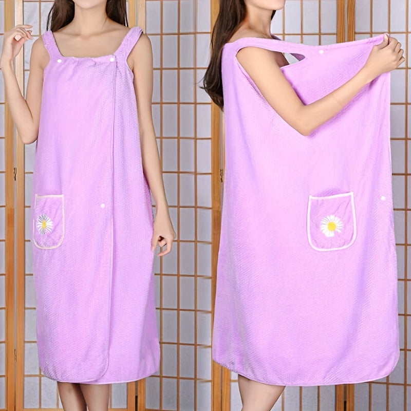 Adults' Quick-Dry Absorbent Bath Towel with Pockets and Buttons for Spa Sauna