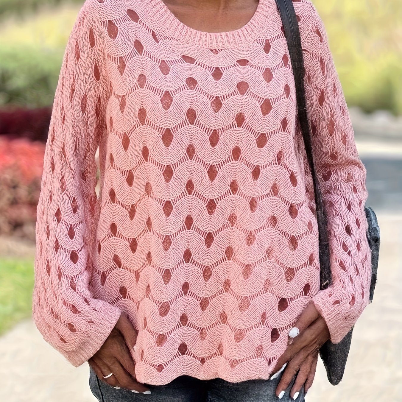 Women Plus Size Long Sleeve Knit Sweater Pink Hollow Ribbed Spring Summer
