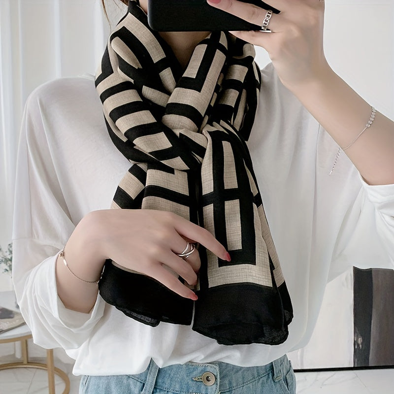 Women's Geometric Maze Scarf Breathable Lightweight Beige Black Sun Protection