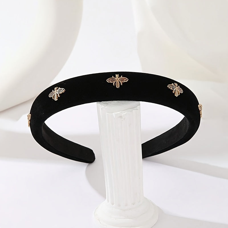 Black Velvet Headband with Golden Bee Embellishments for Women Valentine’s Day