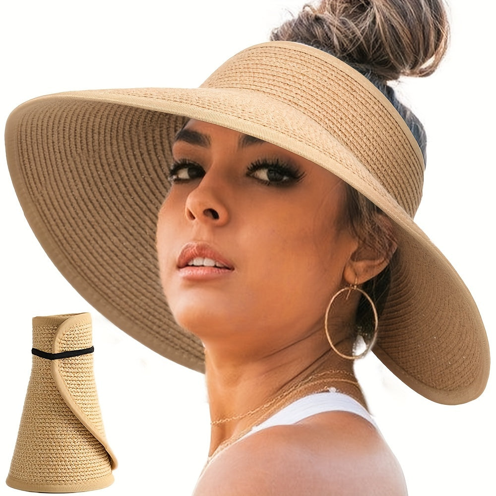 Women’s Wide Brim Straw Sun Visor Hat Packable Foldable Beach Travel Summer