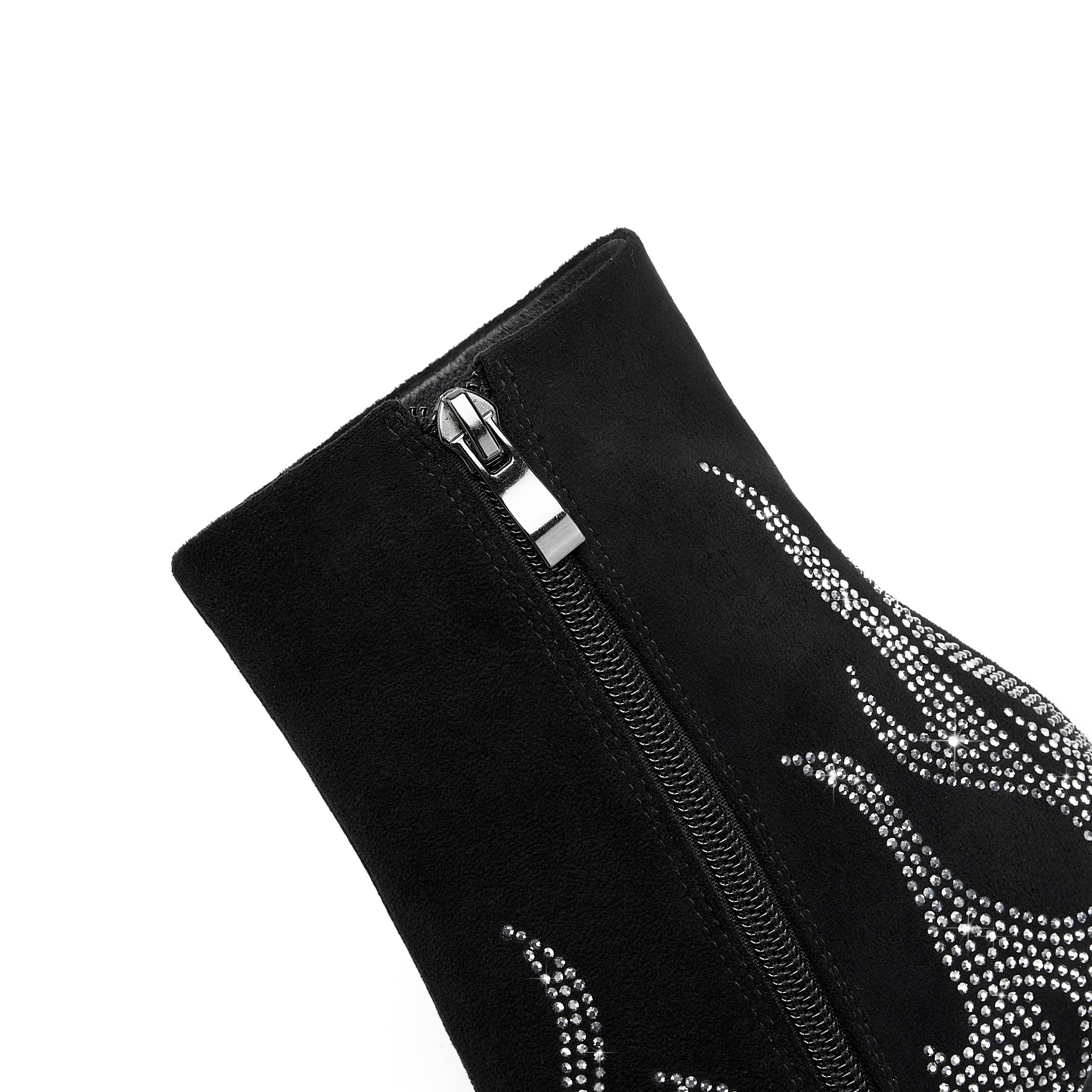 Women's Black Pointed Toe Ankle Boots with Rhinestones and Zipper