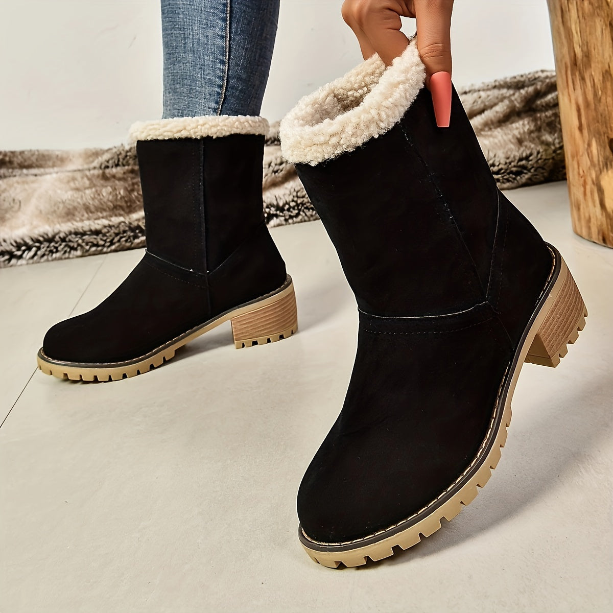 Women's Plush-Lined Chunky Heel Ankle Boots Solid Color Slip-On Winter Booties