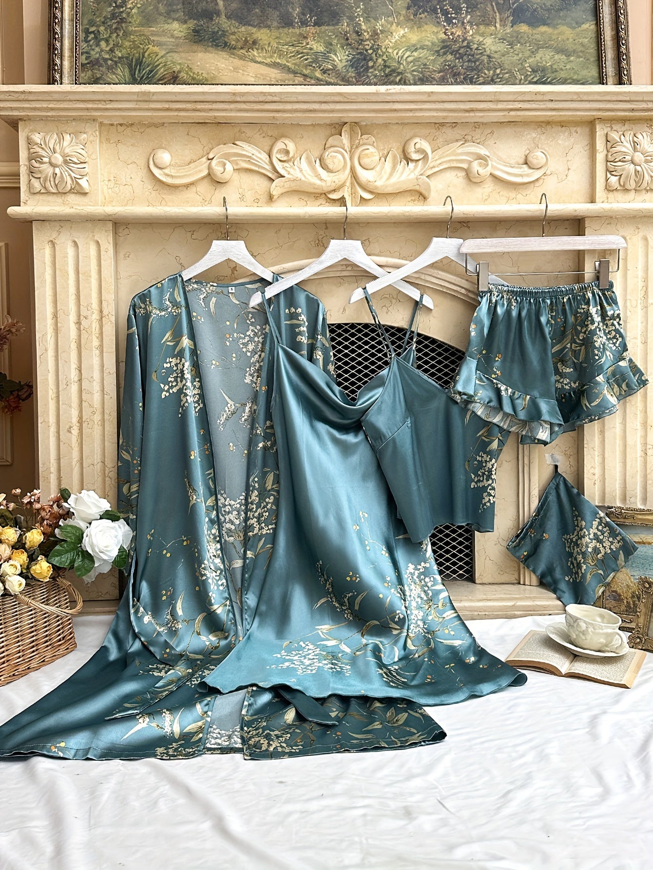 Women's Sleepwear Set with Cherry Print and Storage Bag Polyester Fall Winter Elegant