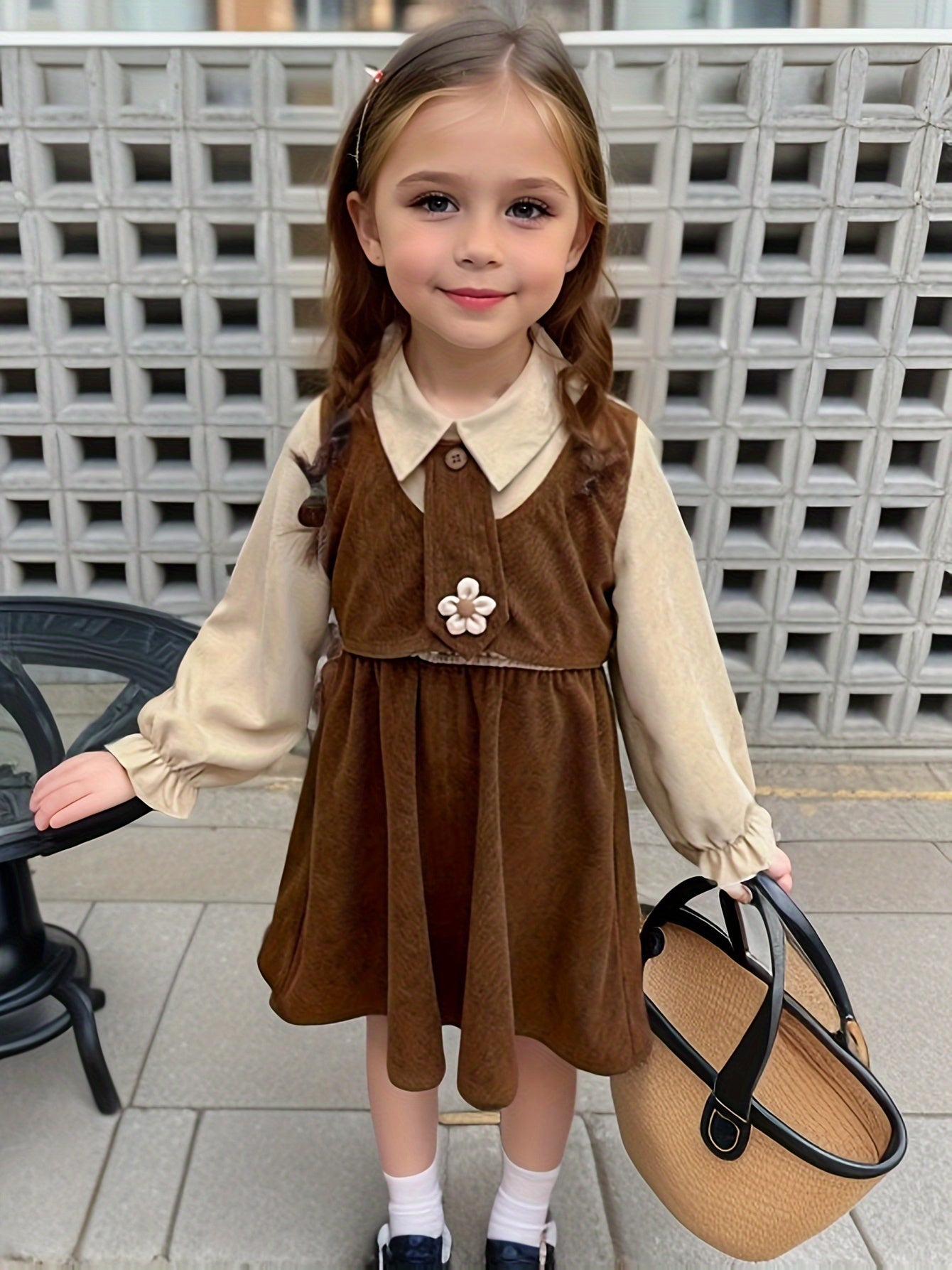 Girls' Vintage Corduroy Dress for Girls A-Line Short Sleeve Color Block Casual Princess Spring Fall