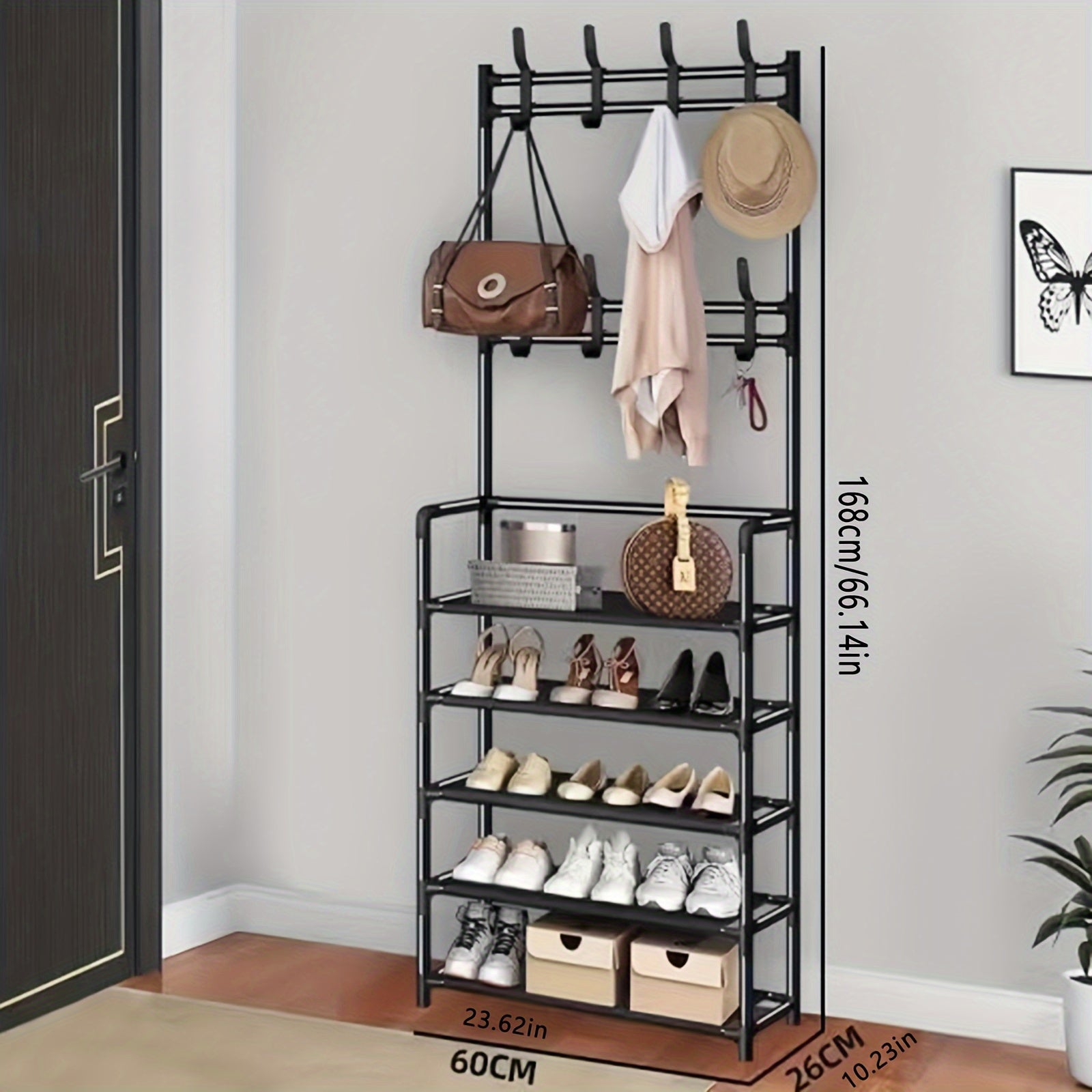 Black and White Shoe and Hat Rack with Dustproof Cover 8 Hooks for Entryway Living Room Bedroom