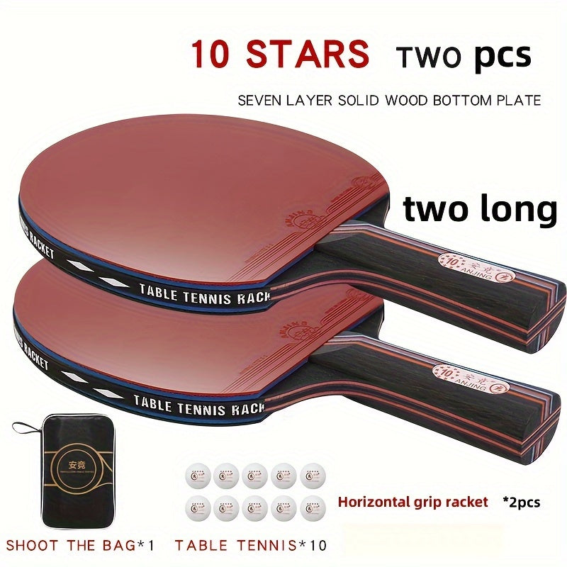 Single Pack of 10 Professional-Grade Red Carbon Rubber Table Tennis Rackets with 3 Balls