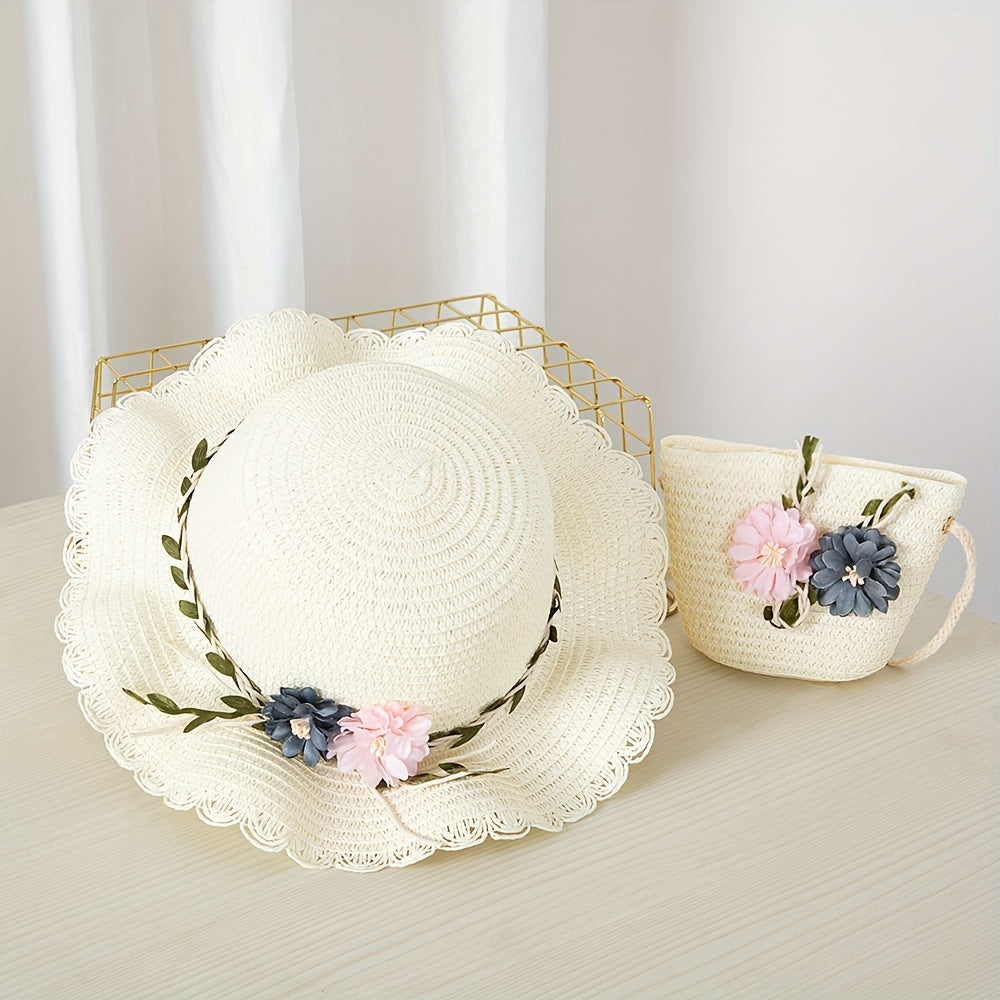 Girls' Straw Hat Set with Flower Decoration and UV Protection for Summer Beach Vacation