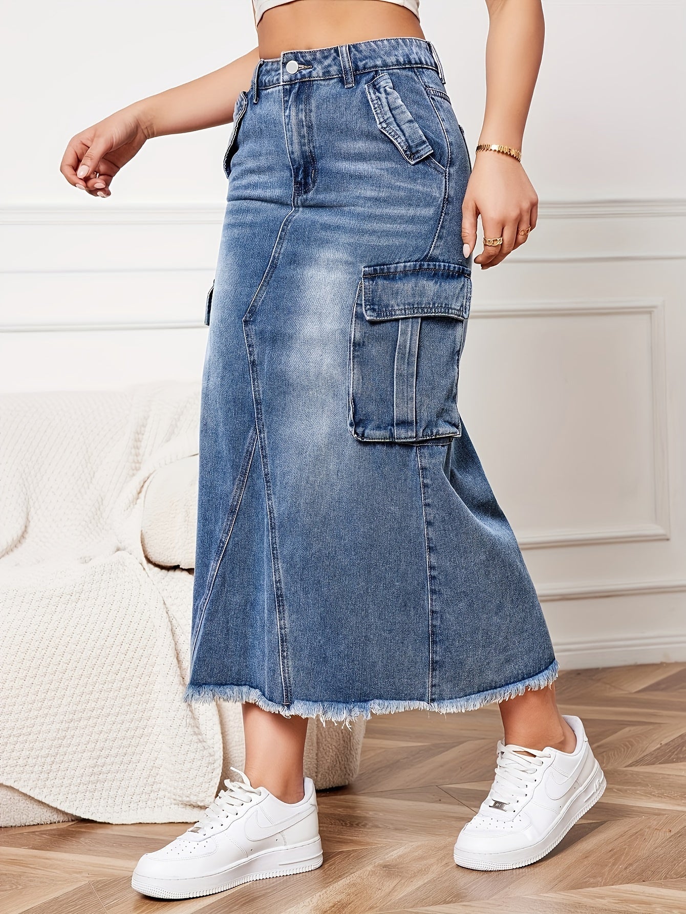 Women's Light Blue High-Waisted Straight Jean Skirt with Pockets