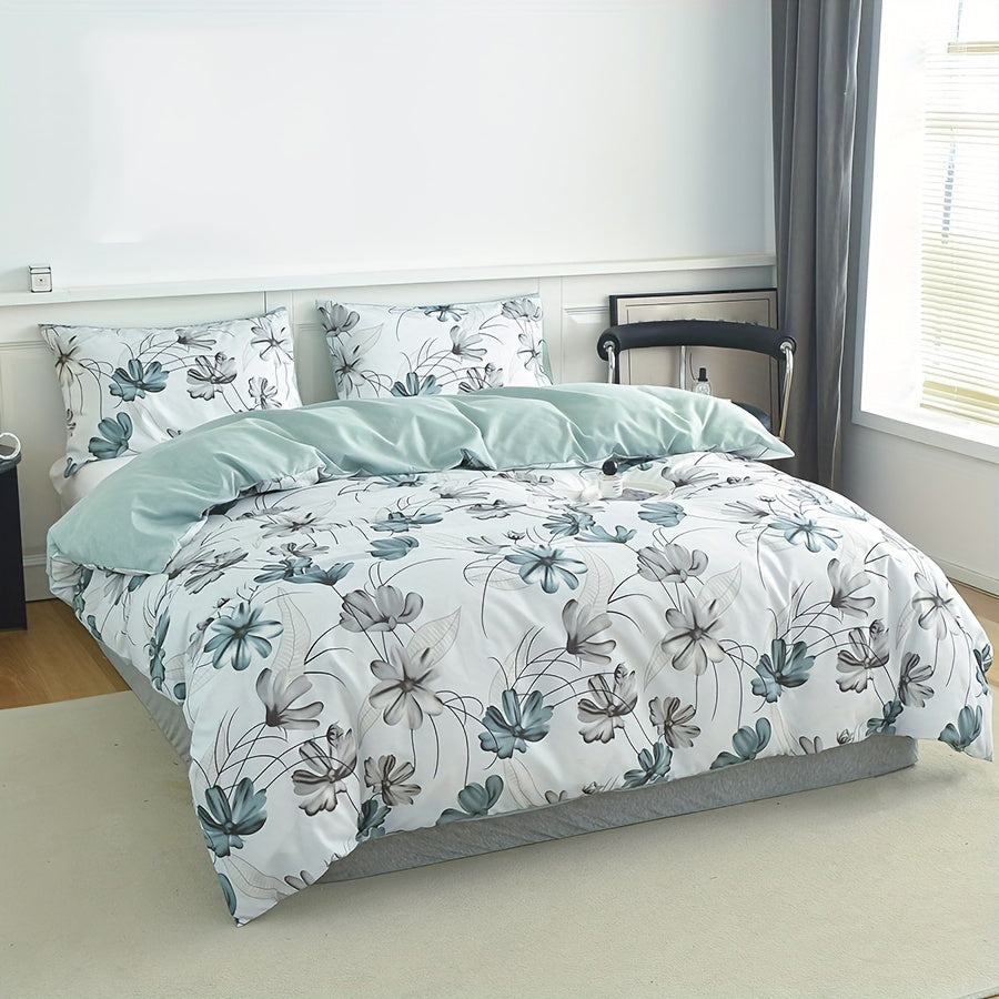 Flower Print Duvet Cover Set with Pillowcases Soft Cotton Bedding 3 Pieces