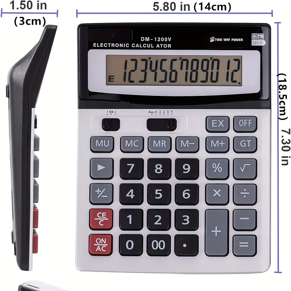 Desktop Calculator Large Display Big Buttons Dual Power 12-Digit Office Use