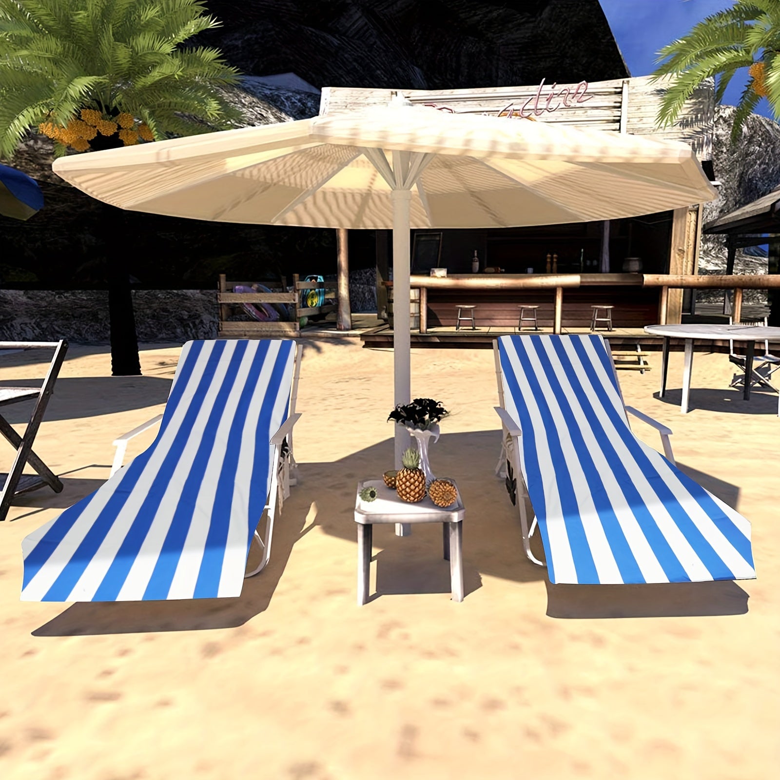 Yon cho'ntaklari bilan portativ plyaj sochiq, ingichka, tez quriydigan dizayn, basseyn yonida, plyajda yoki mehmonxonalarda quyoshda yotish uchun. Qulay, engil, olib yurish oson, sirpanmaydigan.