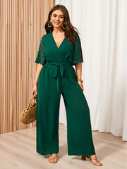 Plus Size Women's Breathable Cross Neck Jumpsuit Solid Color Summer Wide-Leg