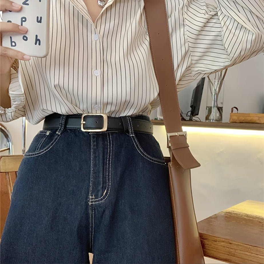 Women's Leather Belt with Gold Pin Buckle Solid Color Waistband for Casual or Business Style Jeans