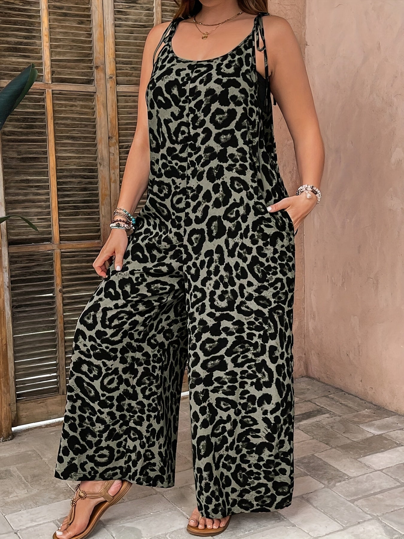 Plus-Size Leopard Print Sleeveless Jumpsuit with Pockets for Spring Summer Fall