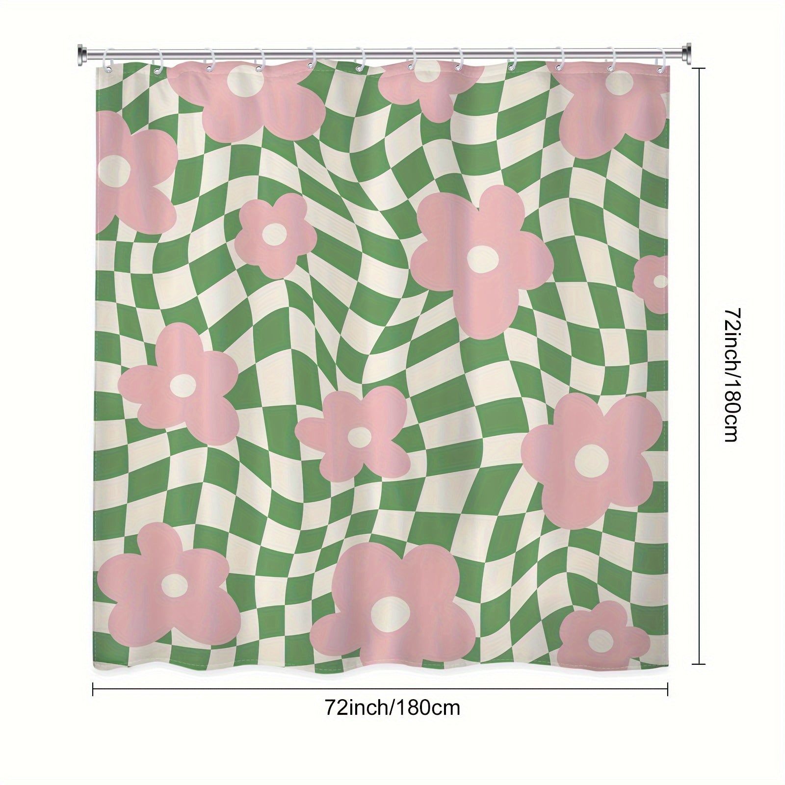 Polyester Shower Curtain Pink Green Floral Checkered 152x183 cm Waterproof Machine Washable