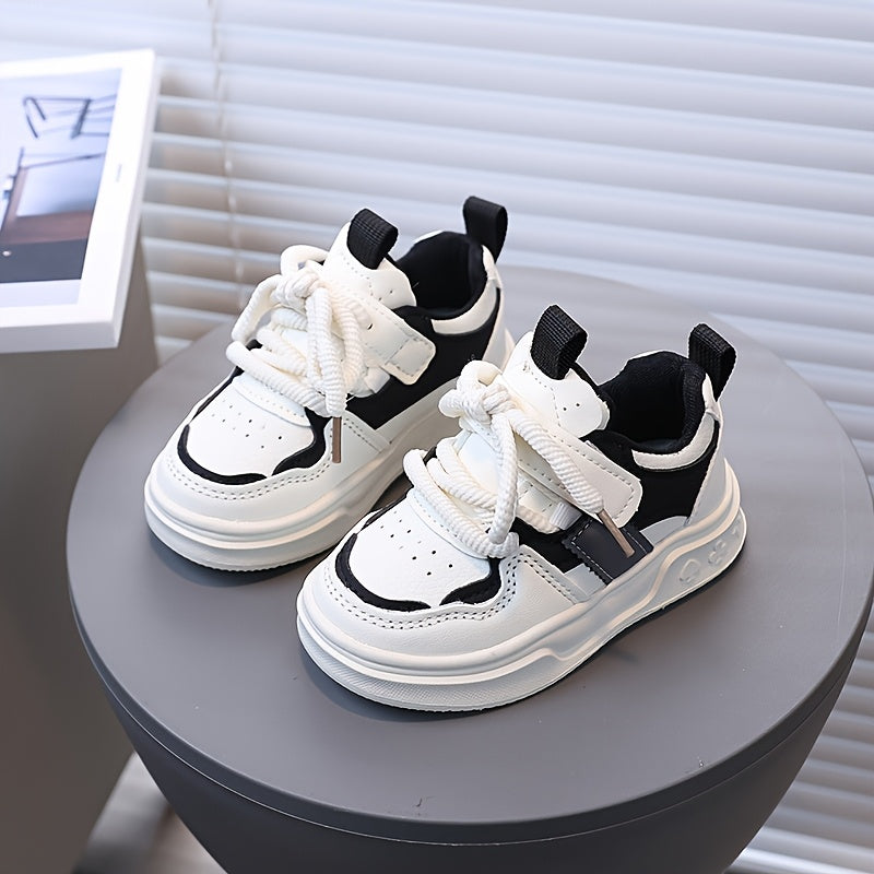 Kids White Casual Sneakers for Girls with Pink and Black Accents, Hook-and-Loop Closure
